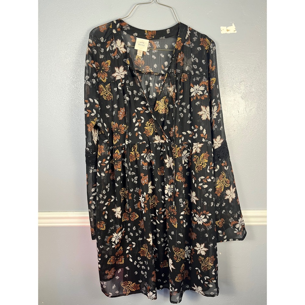 KNOX ROSE Floral Mini Dress Boho Long Sleeve Women XL Black Metallic Tiered